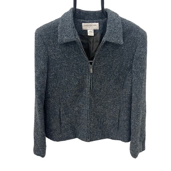 Jones New York Women's 12P Tweed 100% Wool Blue Front Zip Blazer Jacket - Picture 1 of 5